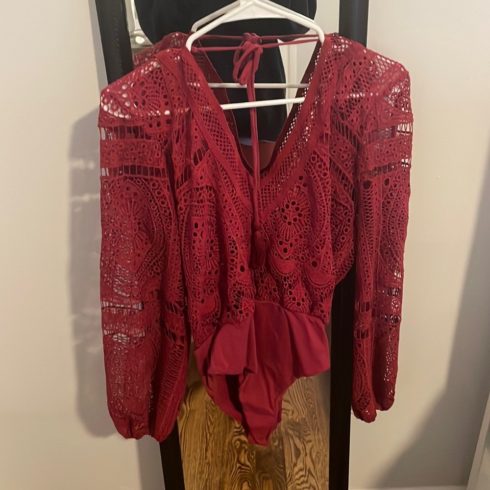 Blue Blush long sleeve lace bodysuit